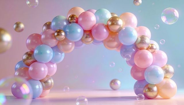 Pastel balloon arch with gold glitter and iridescent bubbles for elegant event backdrop