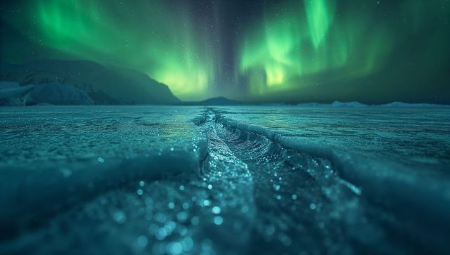 Spectacular Aurora Filling Snow-Covered Night Sky Over Icy Lake