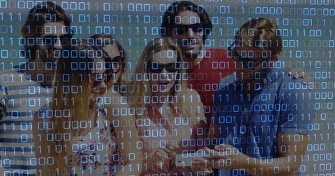 Friends Sharing Mobile Device with Digital Binary Overlay