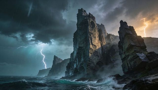 Monolith rising over stormy sea with lightning, mist, carved cliff faces
