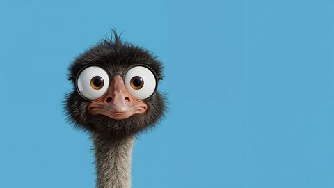 Whimsical emu wearing oversized glasses on sky blue background