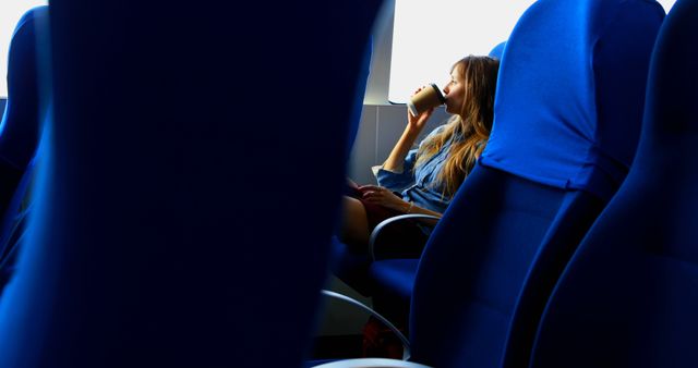 Woman Relaxing on Train Journey Sipping Coffee - Download Free Stock Images Pikwizard.com