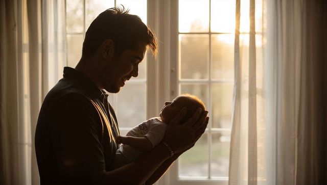 Father cradling newborn in golden backlight near window, tender bonding moment