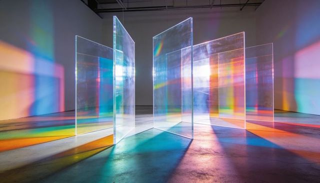 Luminous acrylic panels casting rainbow light in minimalist gallery