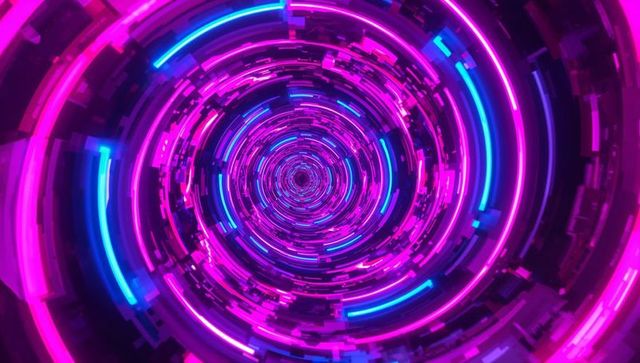 Futuristic neon cyber tunnel with glowing rings