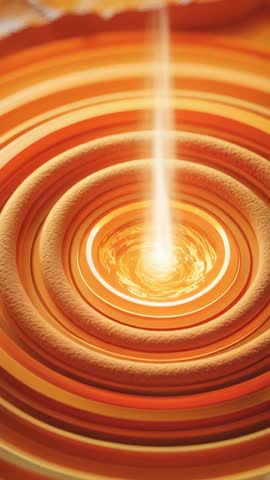 Vertical video glowing beam descending into concentric orange rings pulsing vortex core