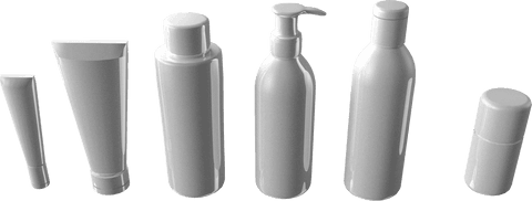 Transparent vector of six isolated cosmetic bottles on background
