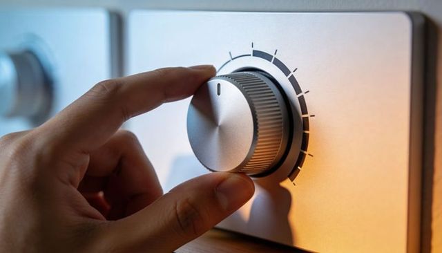 Hand Adjusting Metallic Volume Knob on Brushed Metal Amplifier Panel Warm Macro