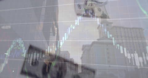 Financial Data Overlay on Urban Skyline and Currency