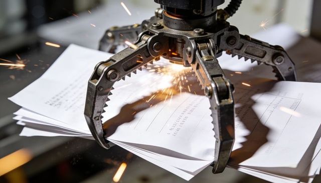 Robotic three-pronged gripper clamping paper forms with sparks in industrial automation