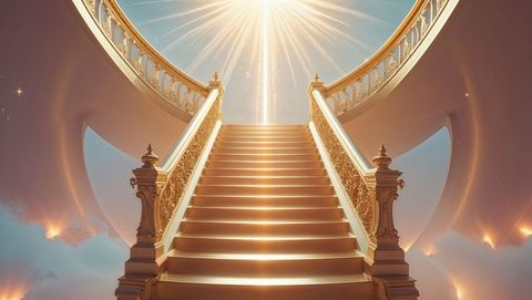 Golden staircase leads to radiant portal in celestial hall