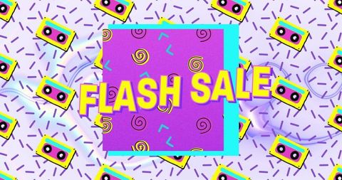 Vibrant Flash Sale Banner with Retro Cassette Pattern
