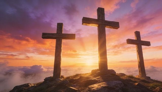 Three weathered wooden crosses rising on rocky hilltop at sunrise with sunburst mist