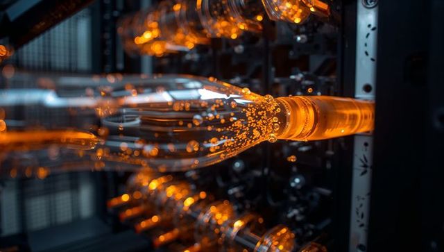 Rotating molten glass bottle forming on industrial spindle with glowing amber bubbles