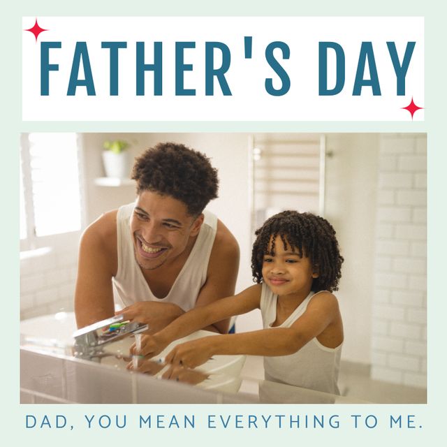 Loving father's day scene of biracial father and son sharing a joyful moment. Perfect for celebrating Father's Day, showcasing family love, and warm messages. Great for greeting cards, social media posts, and advertisements honoring dads.