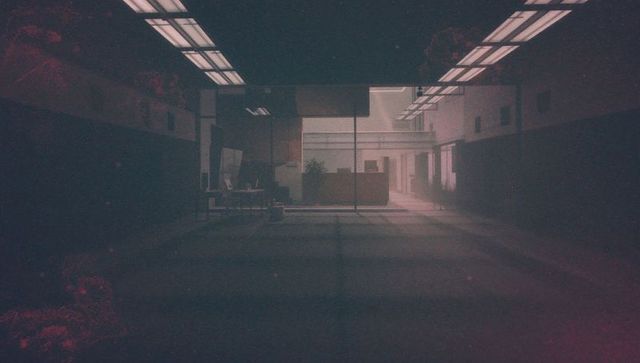 Moody office lobby with minimalist design and soft lighting