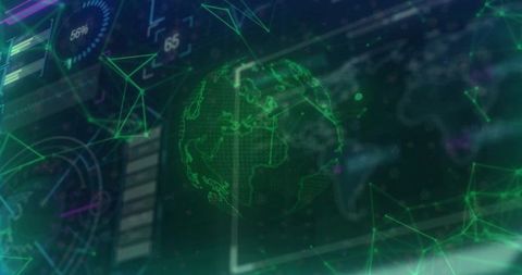 Futuristic green wireframe globe with high-tech interface overlay