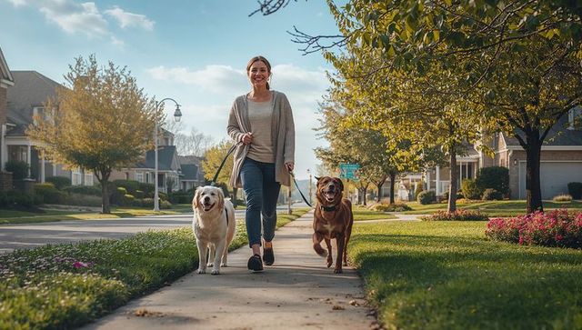 Smiling woman walking two dogs on suburban sidewalk wearing cardigan and jeans
