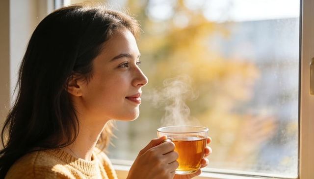 Young woman enjoying hot tea by sunlit window on cozy autumn morning