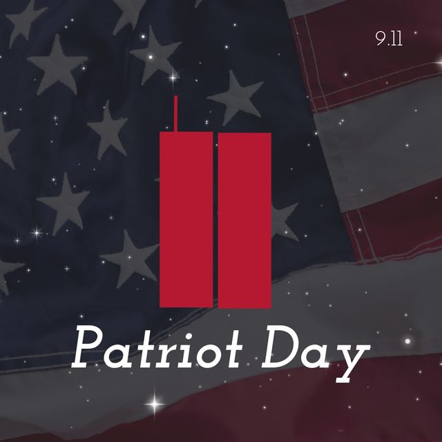 Illustration of twin towers with 9-11 and patriot day text against flag of america, copy space. Building, memorial, air attack, 911 remembrance, honor and patriotism concept.