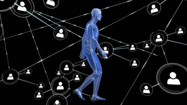 This visualization depicts a blue digital model of a human skeleton intertwined with a dynamic network of connections and profile icons on a dark background. Useful for illustrating concepts in digital biology, healthcare technology, data networks, and human-centric connectivity in scientific presentations, educational content, or health-related infographics.