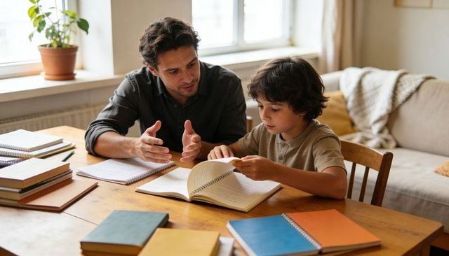 Father tutoring son at home focusing on homework at wooden table with notebooks, cozy sunlit room