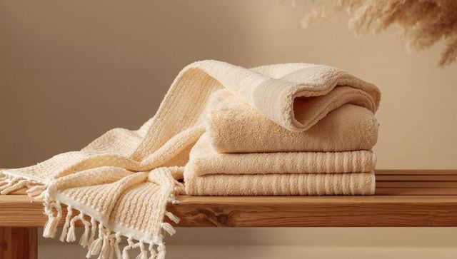 Stacking cream terry towels with waffle throw cascading on wooden bench for spa decor