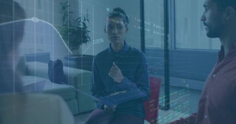 Businesswoman Presenting Digital Analytics in Modern Office Space