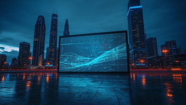 Futuristic Digital Display in City Plaza at Night Reflecting Innovation