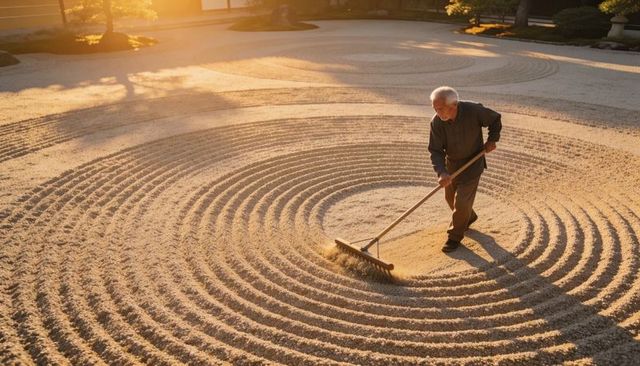 Senior caretaker raking concentric gravel patterns in zen garden at golden hour