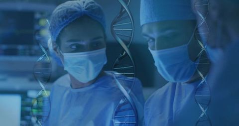 Surgical team in operation room overlaid with dna illustrating biotech innovation