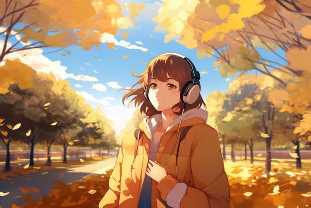 Young Woman Listening To Music In Autumn Park - Download Free Stock Images Pikwizard.com