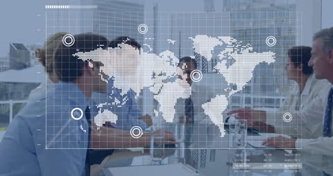 Global Business Strategy Meeting with World Map Overlay