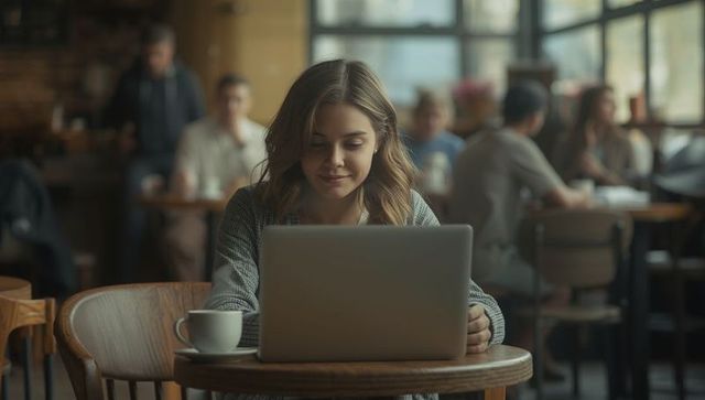 Woman in Knit Sweater Working on Laptop in Cozy Cafe