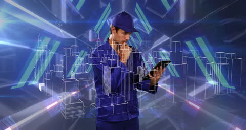 Technician Engaged in Digital Analysis with VR Graphics