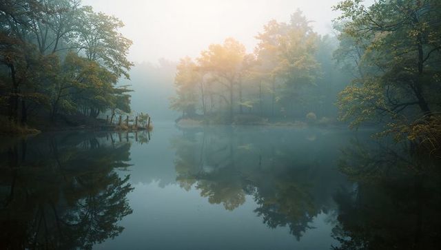 Tranquil Dawn Reflections on Misty Lake with Sunlit Trees