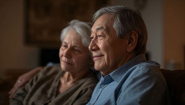 Senior couple cuddling on sofa at home, warm evening, intimate ambient lighting