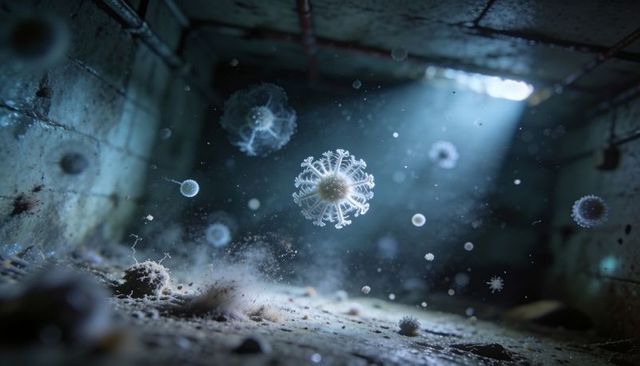 Glowing microscopic particles floating through dusty abandoned basement with light beam