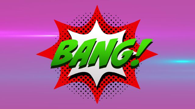 Retro-inspired graphic featuring the word 'BANG' in dynamic green text with a red burst pattern against a purple background. Suitable for comic book projects, game design, or creative marketing visuals to emphasize drama and impact.