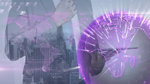 Businessman Using Tablet with Digital Globe Overlaying Cityscape