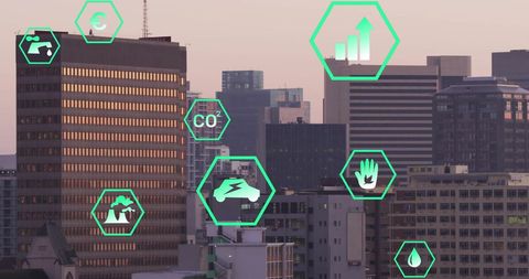 Eco-Friendly Icons Overlay in Modern Urban Landscape