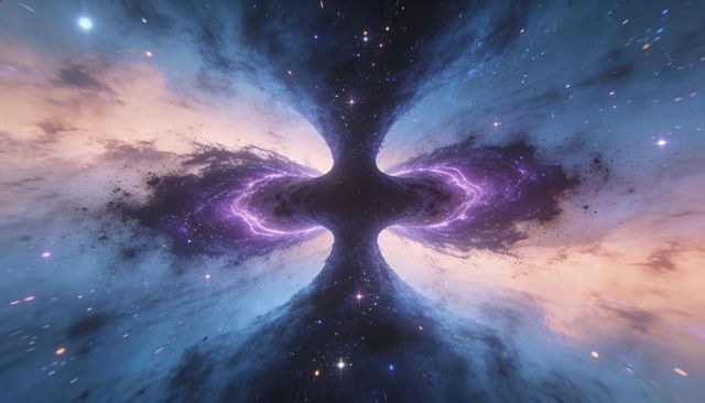 Swirling cosmic vortex forming hourglass portal with purple plasma arcs