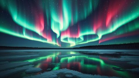 Northern Lights Reflecting on Frozen Lake in Snowy Wonderland