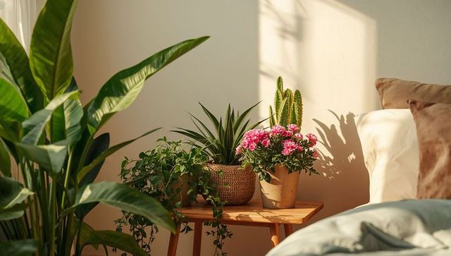 Sunlit bedroom corner featuring lush plants on wooden side table
