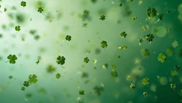 Floating Four-Leaf Clovers and Shamrocks Over Green Bokeh Background, Lucky St Patrick Theme