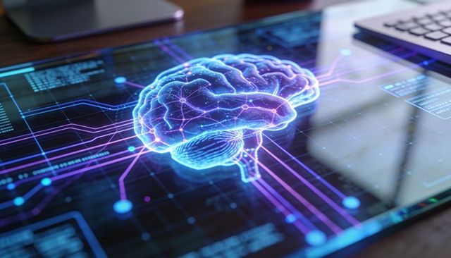 Holographic 3d brain displaying neural circuitry pulsing on futuristic touchscreen