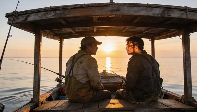 Two fishermen sharing quiet conversation on weathered boat at golden sunset