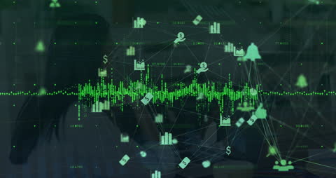 Digital Network Overlay with Financial Icons and Graphics
