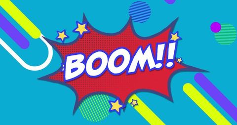 Comic style boom text with vibrant abstract background