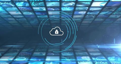 Encrypted Cloud Security Concept in Neon Data Tunnel with Futuristic Digital Rings